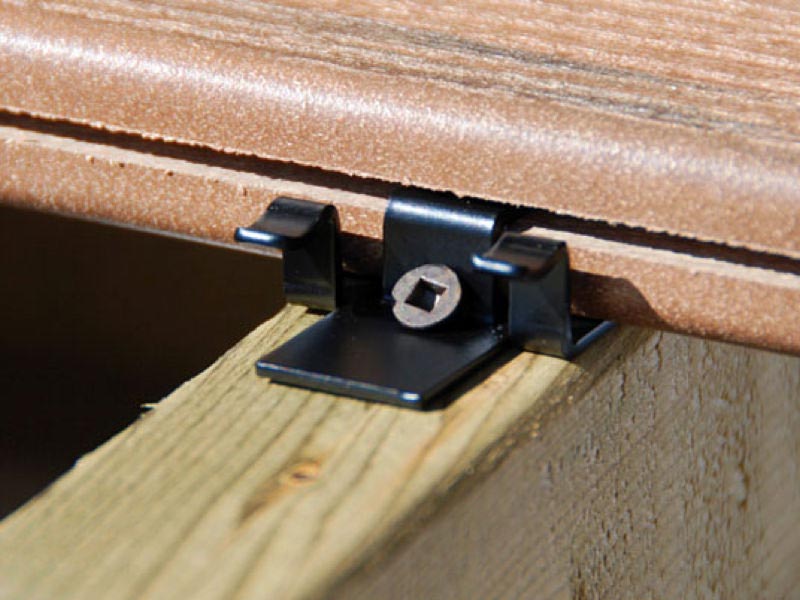 Close view of a composite decking hidden fastener.