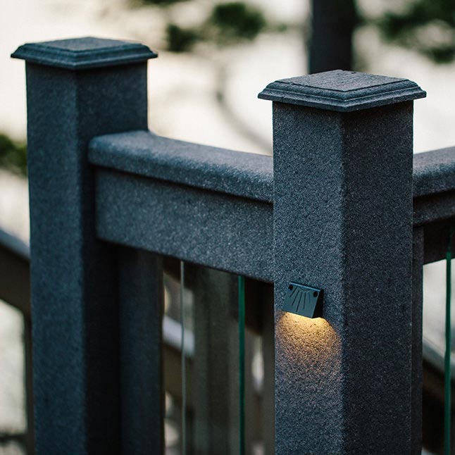 Close view of MoistureShield post lighting for deck railing.