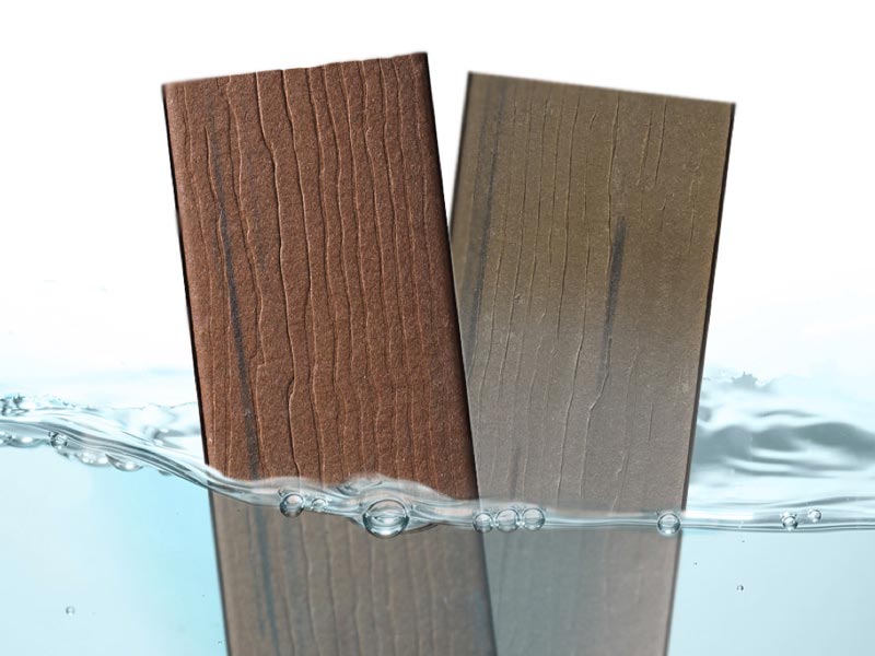 Two MoistureShield composite decking boards half in and half out of water.