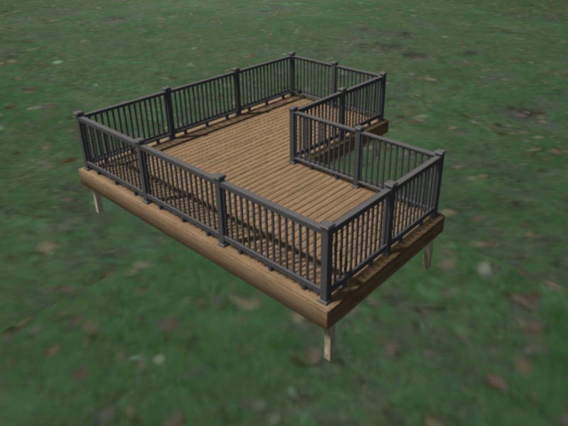 3D digital rendering of a MoistureShield composite deck with black aluminum railing and posts.