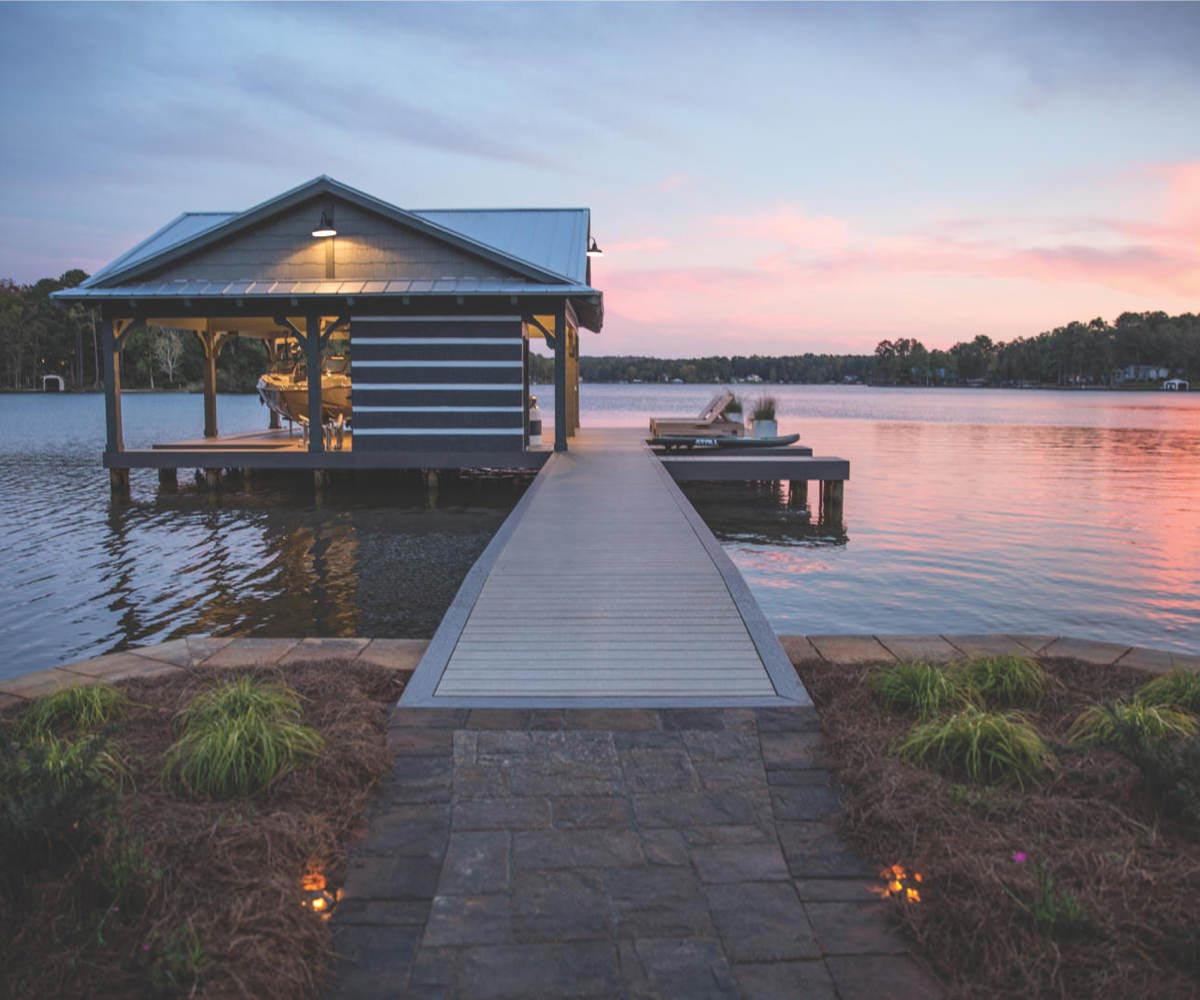 Composite decking dock at dusk.