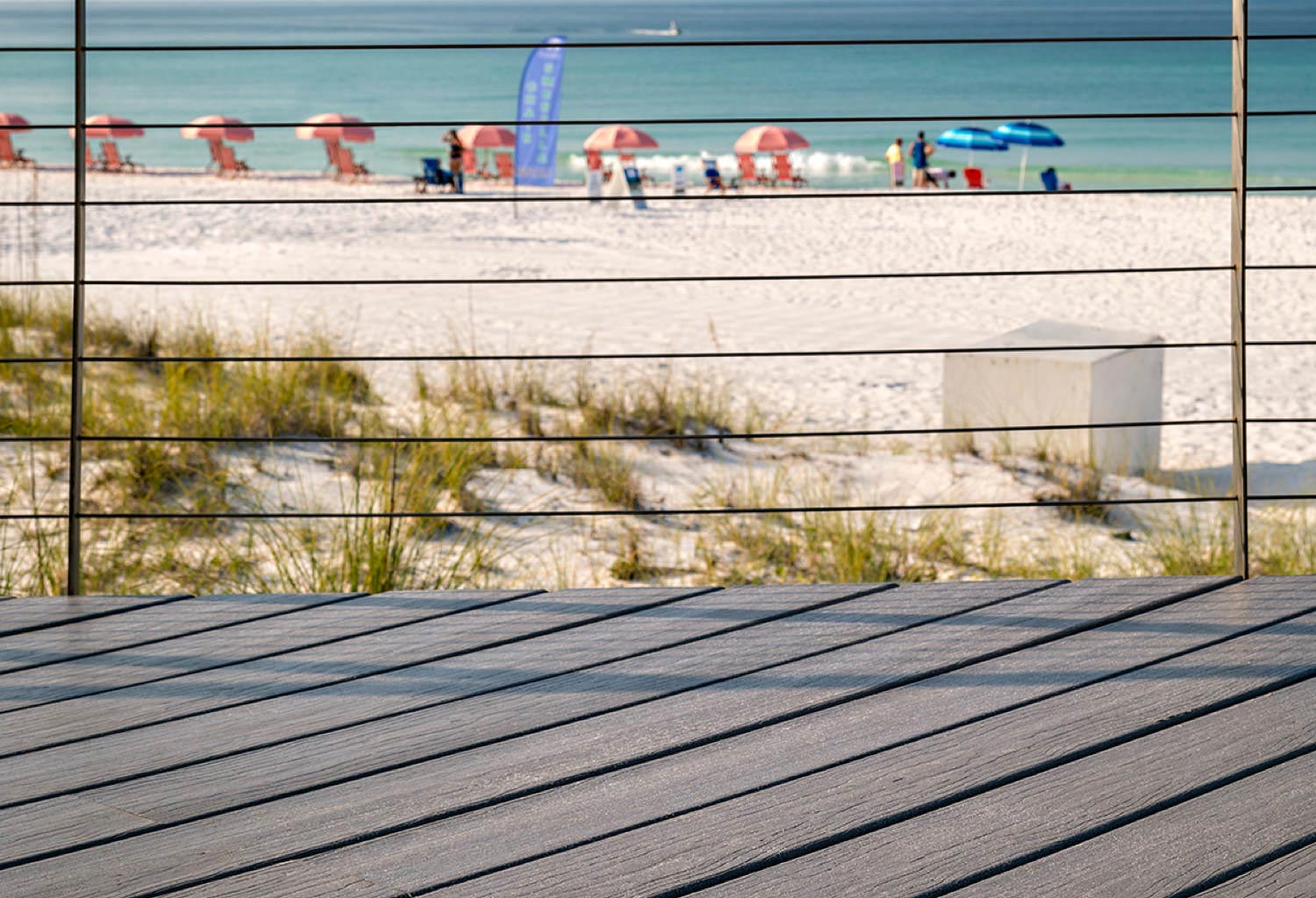 Close view of a composite deck by the beach.