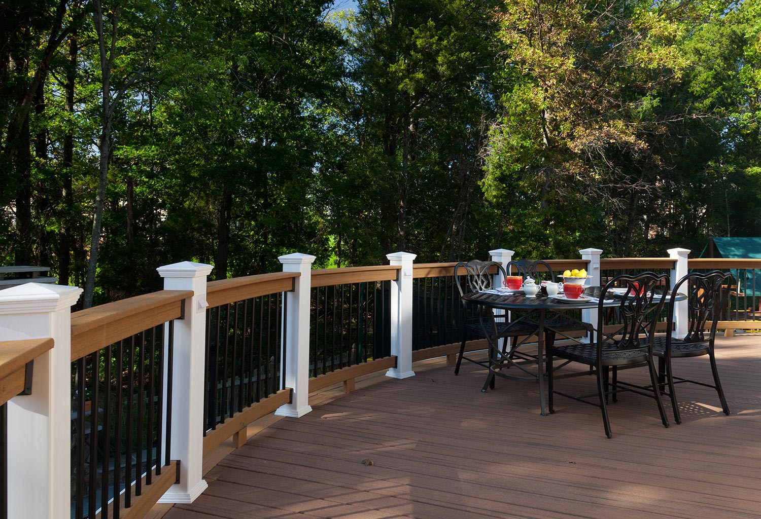 Dining table and chairs on a curved composite deck.