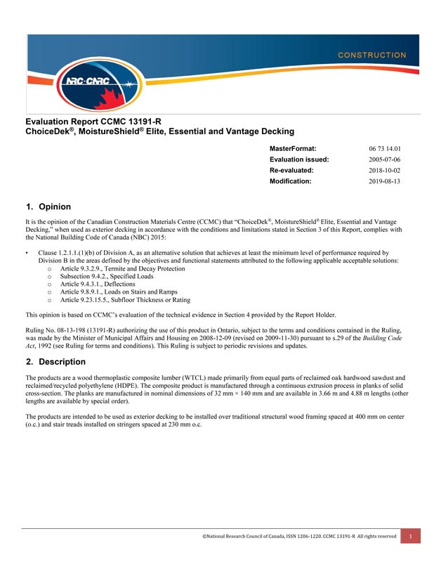 NRC-CNRC evaluation report for ChoiceDek, MoistureShield Elite, Essential, and Vantage composite decking.