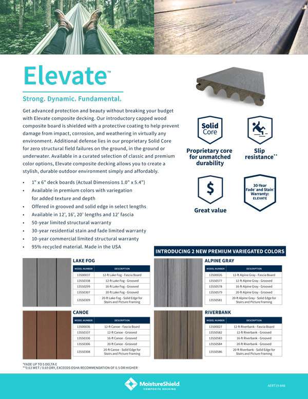 Product spec sheet for MoistureShield's Elevate composite decking, with available colors shown.
