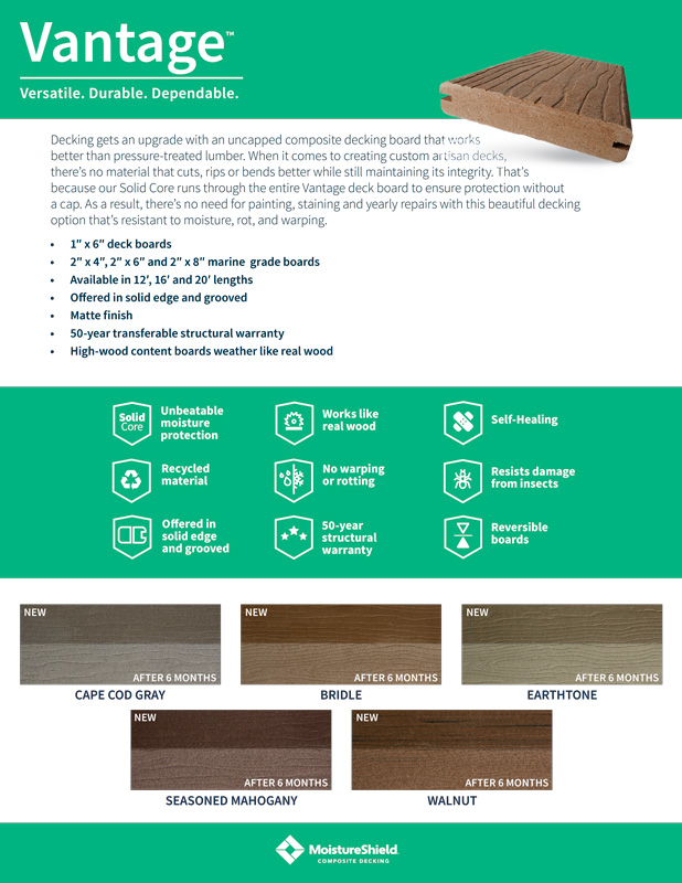 Product spec sheet for MoistureShield's Vantage composite decking, with available colors shown.