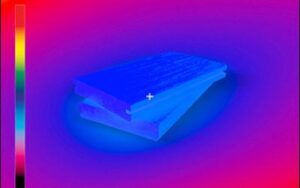 Thermal image showing two decking boards emitting a low amount of heat.
