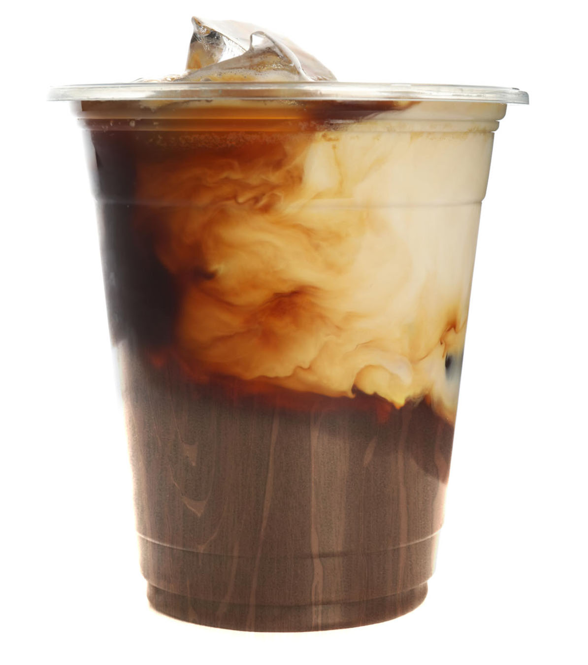 Cold brewed iced latte coffee on plastic cup, side view with