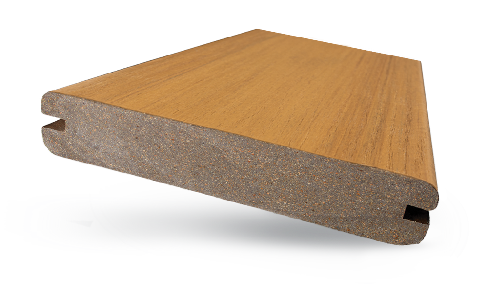 Close view of MoistureShield's Meridian composite decking board cross section.